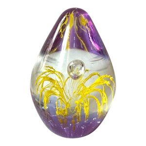 Vintage Hand Made Art Glass Egg Paperweight Sculpture in Yellow & Violet Tones